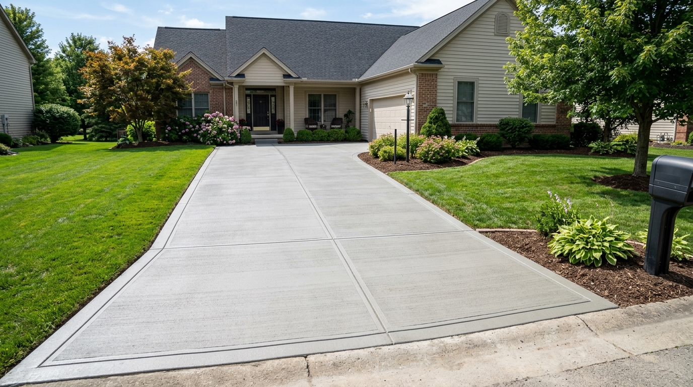 New concrete driveway with clean broom finish
