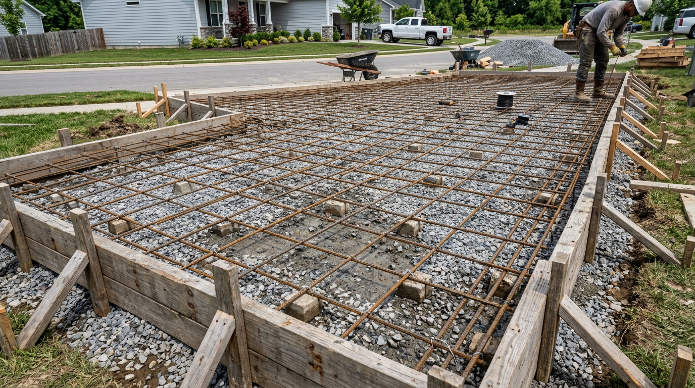 Heavy rebar grid tied on chairs inside formwork