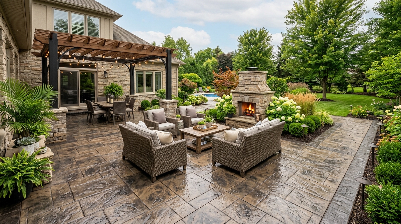 Stamped concrete patio in ashlar slate pattern